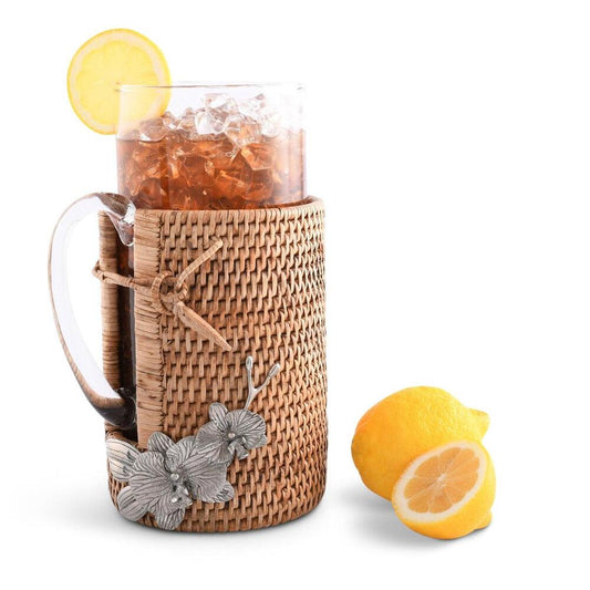 Orchid Glass Pitcher Hand Woven Wicker Natural Rattan Cover by Vagabond House 