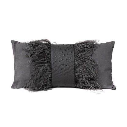 Ostrich Leather Inset Pillow with Feather Trim on Suede by Ngala Trading Company