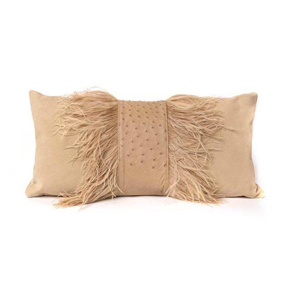 Ostrich Leather Inset Pillow with Feather Trim on Suede by Ngala Trading Company