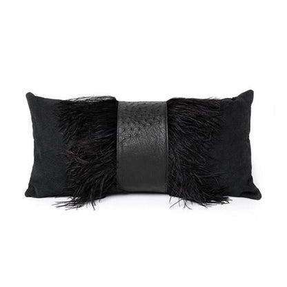 Ostrich Leather Inset Pillow with Feather Trim on Suede by Ngala Trading Company