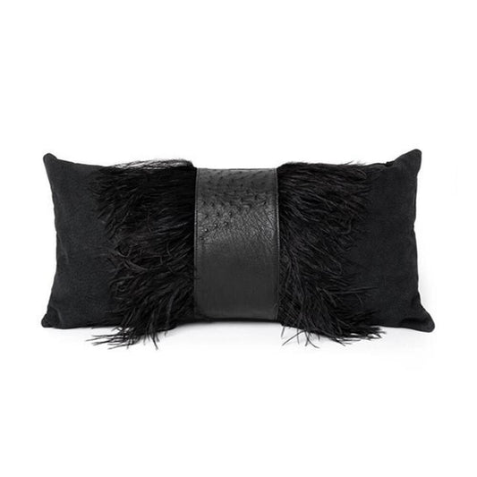Ostrich Leather Inset Pillow with Feather Trim on Suede by Ngala Trading Company