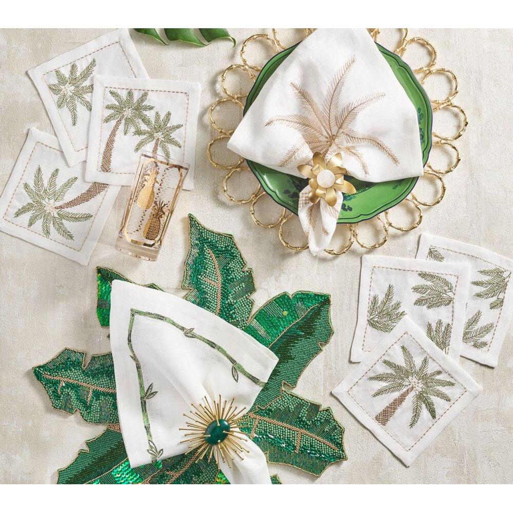 Palm Coast Cocktail Napkin in White - Green & Gold - Set of 6 in a Gift Box by Kim Seybert 1