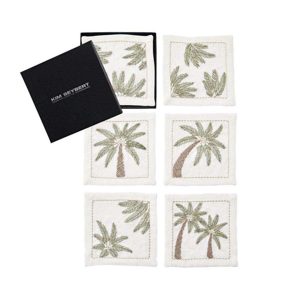 Palm Coast Cocktail Napkin in White - Green & Gold - Set of 6 in a Gift Box by Kim Seybert 