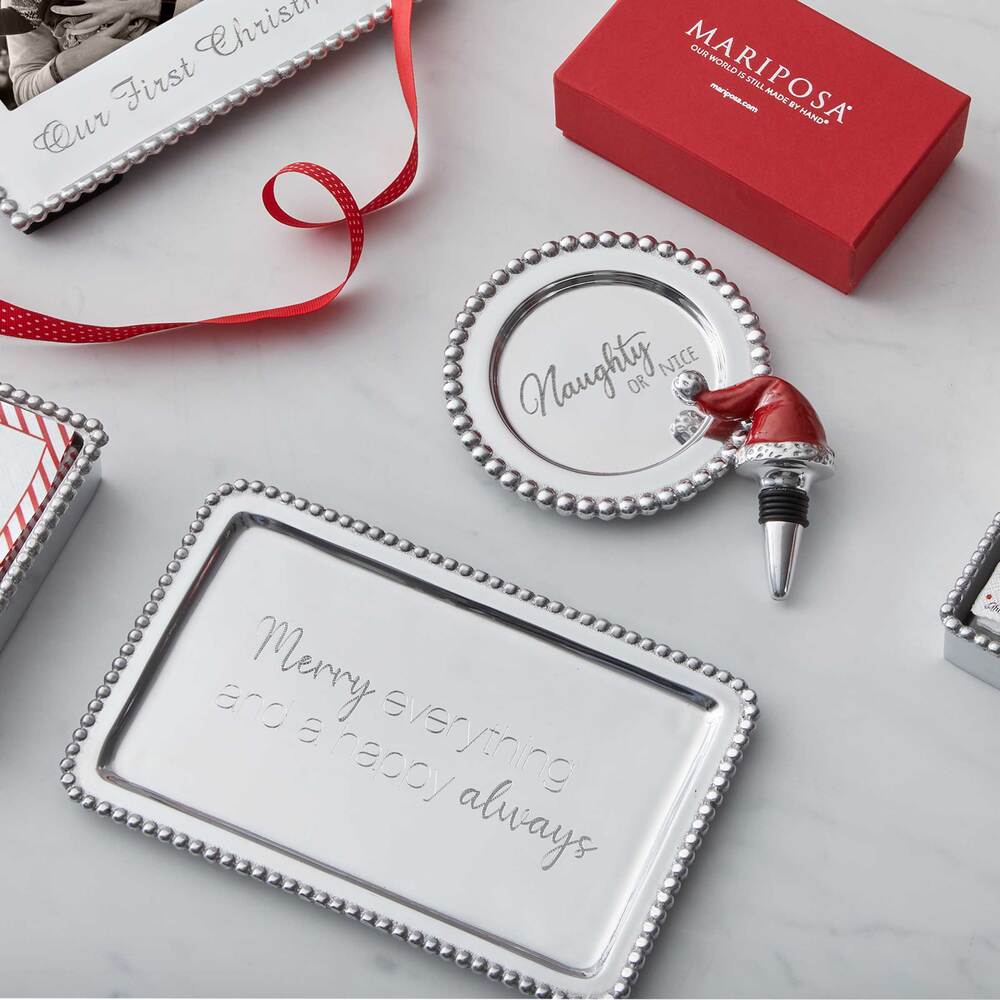 Red Santa Hat Bottle Stopper & "Naughty or Nice" Beaded Wine Plate Set by Mariposa Additional Image 2