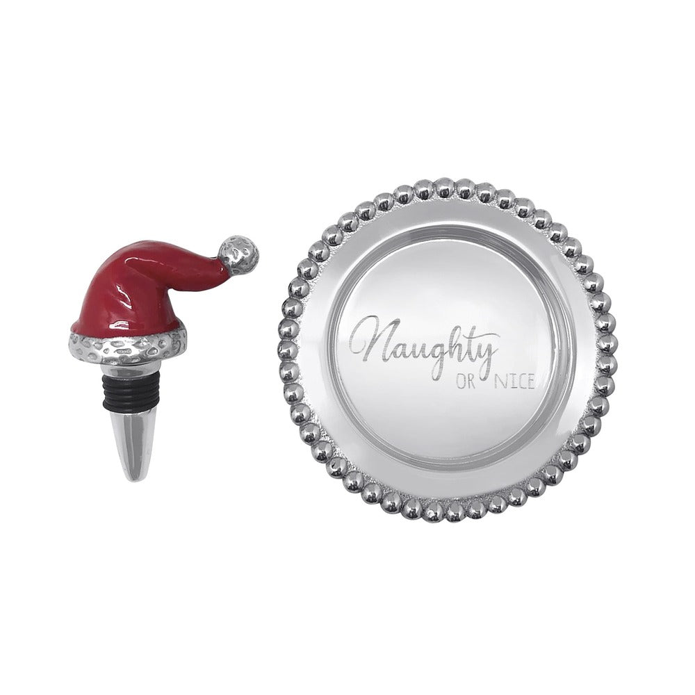 Red Santa Hat Bottle Stopper & "Naughty or Nice" Beaded Wine Plate Set by Mariposa