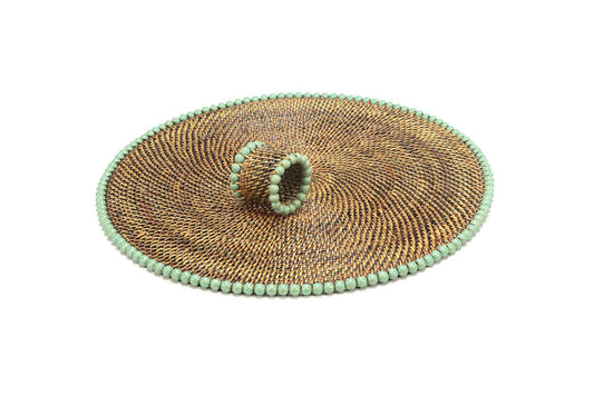 Round Placemat and Napkin Ring with Light Mint Gold Wood Beads - Set of 4 by Calaisio 