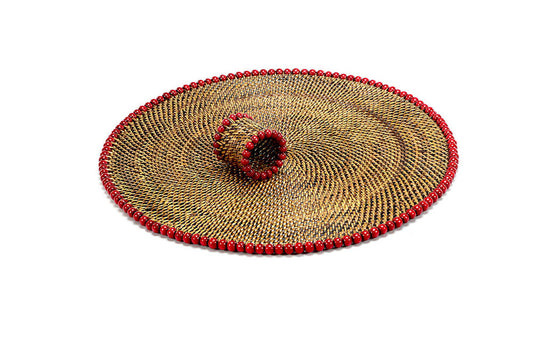 Round Placemat and Napkin Ring with Red Wood Beads - Set of 4 by Calaisio 