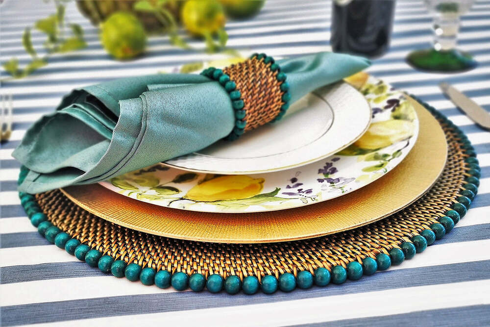 Round Placemat and Napkin Ring with Seagreen Wood Beads - Set of 4 by Calaisio 1