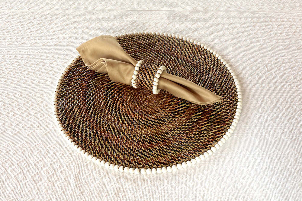 Round Placemat and Napkin Ring with White Wood Beads - Set of 4 by Calaisio 3