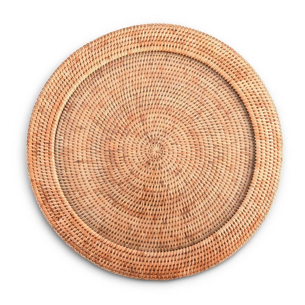 Round Serving Tray Hand Woven Wicker Rattan - Glass Insert by Vagabond House 1