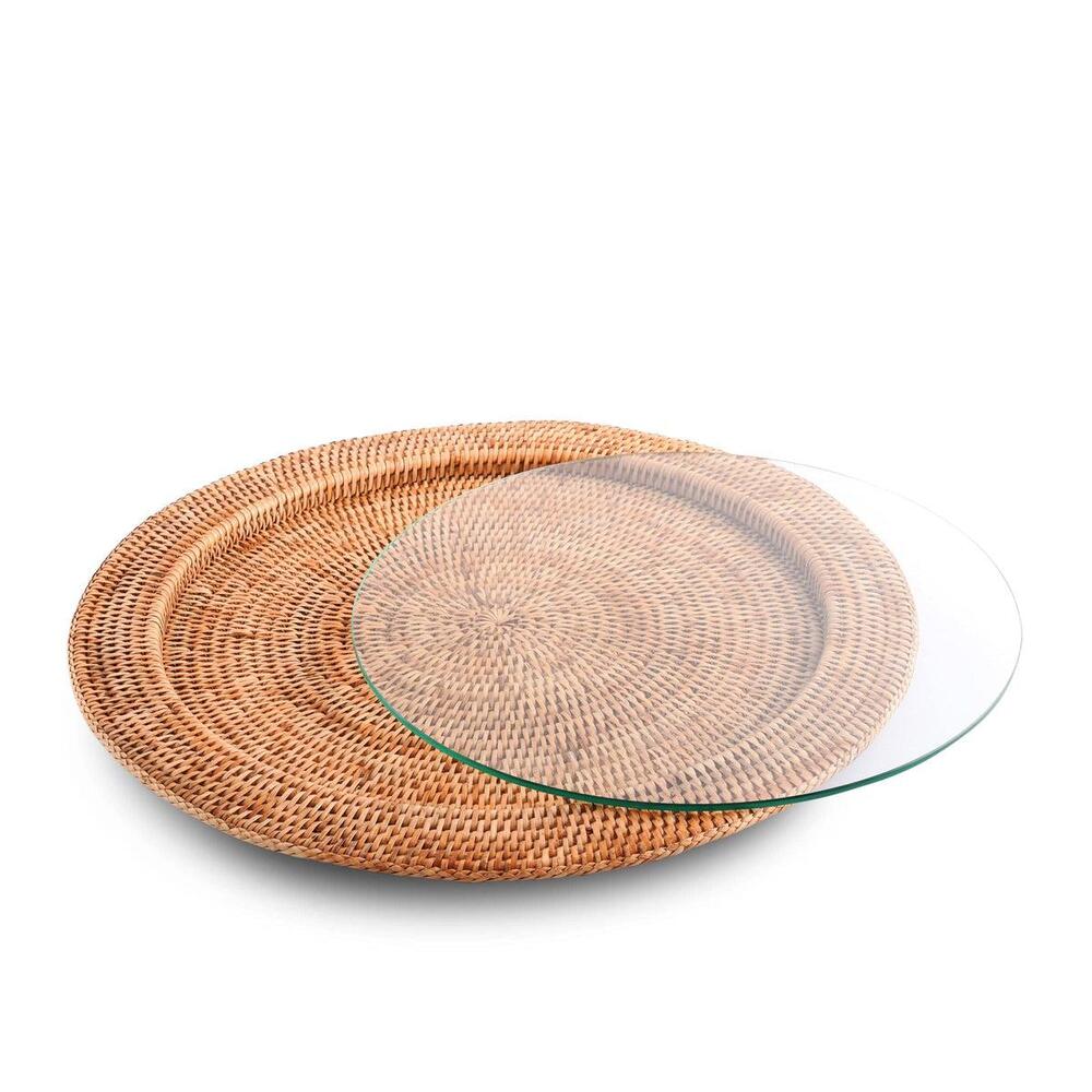 Round Serving Tray Hand Woven Wicker Rattan - Glass Insert by Vagabond House 2