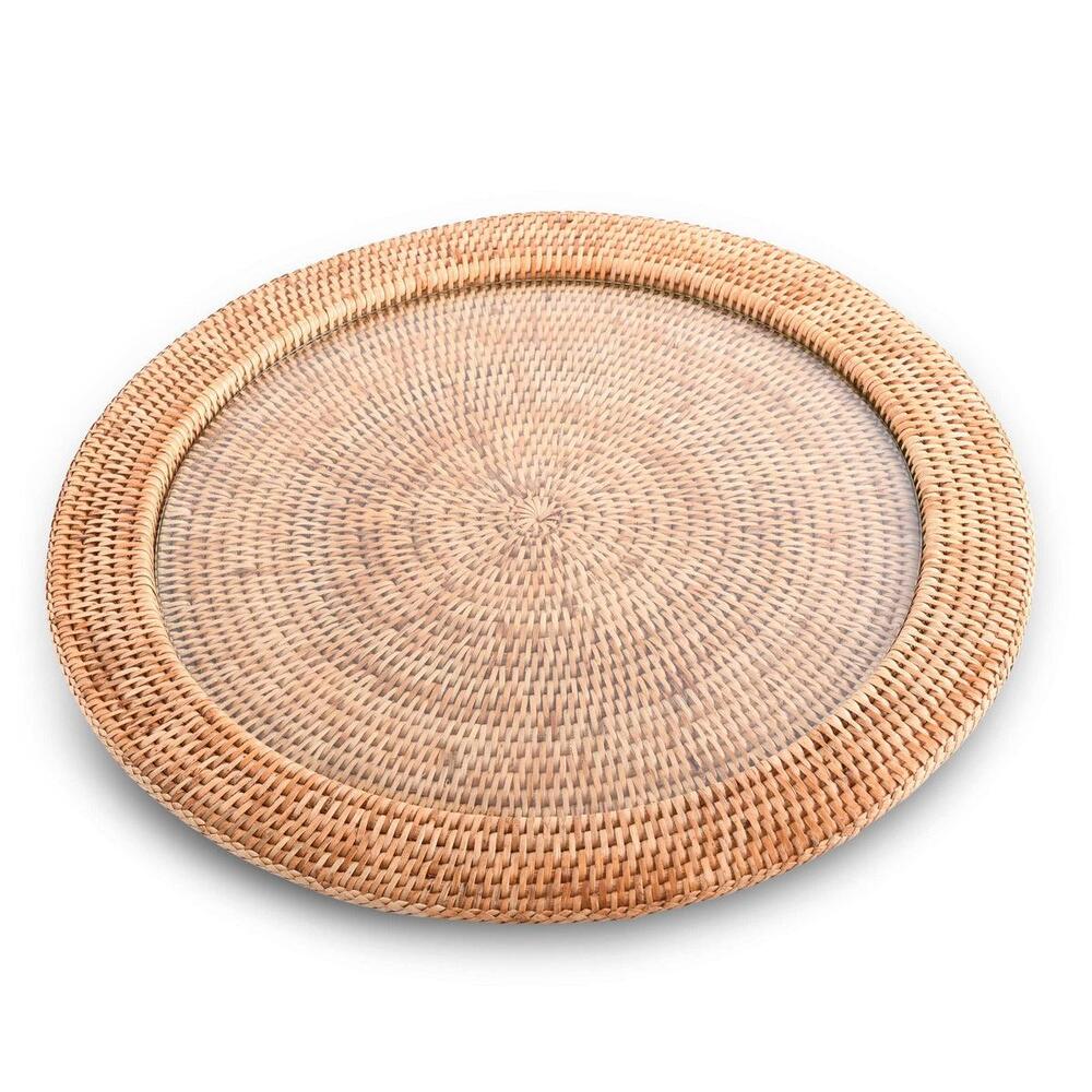 Round Serving Tray Hand Woven Wicker Rattan - Glass Insert by Vagabond House 5