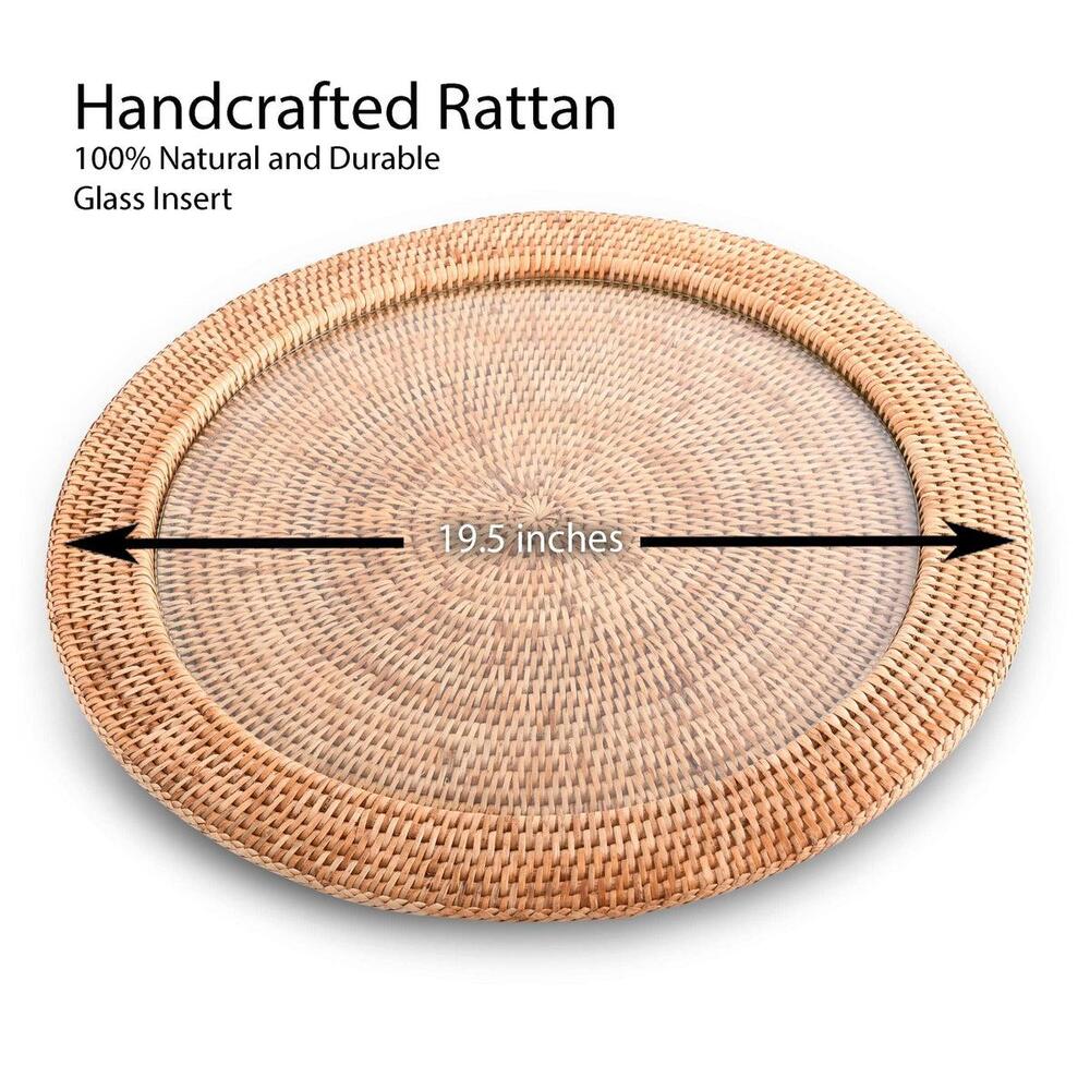 Round Serving Tray Hand Woven Wicker Rattan - Glass Insert by Vagabond House 6