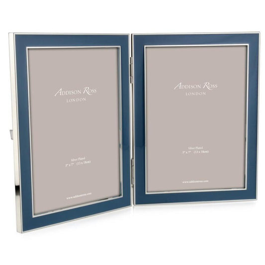 Silver Trim, Denim Blue Enamel Double Picture Frame 15mm by Addison Ross