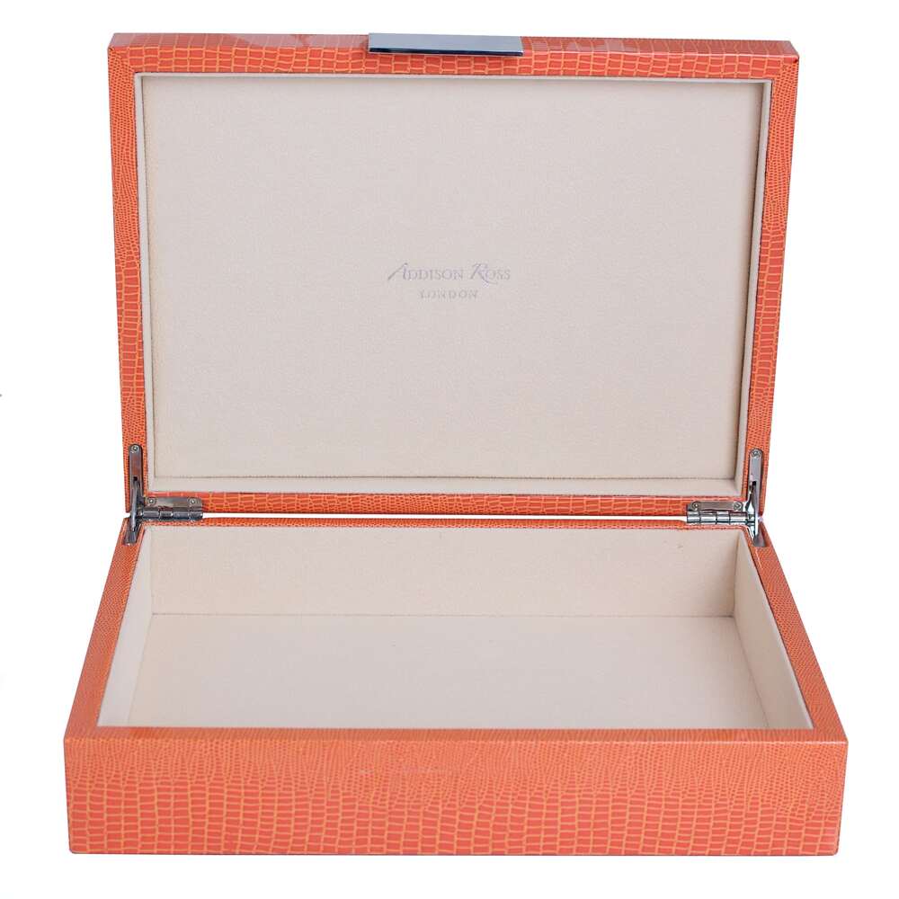 Silver Trim Orange Crocodile Jewelry Box 8"x11" by Addison Ross