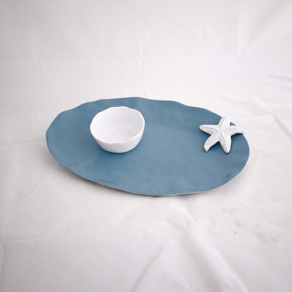 Thanni Oval Starfish Platter with Dip Bowl - Blue & White by Beatriz Ball 1