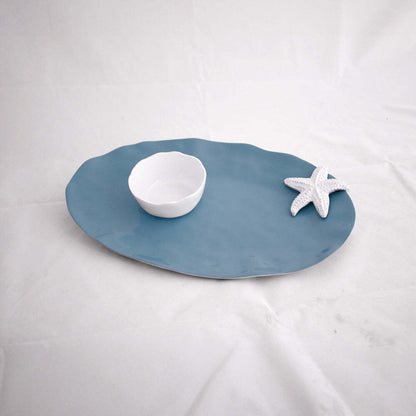 Thanni Oval Starfish Platter with Dip Bowl - Blue & White by Beatriz Ball 1