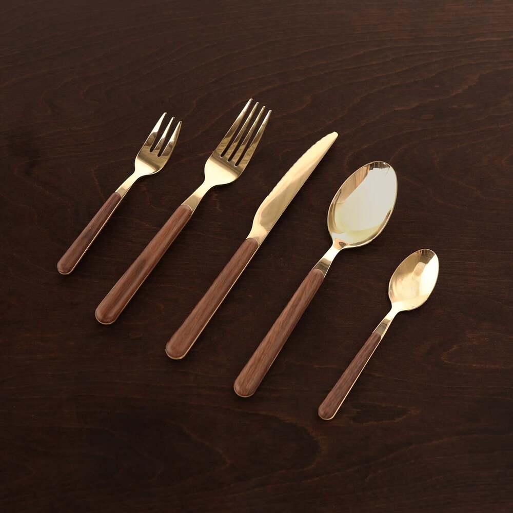 Vida Faux Bois Stainless Flatware Set of 5 - Brushed Champagne Gold by Beatriz Ball 