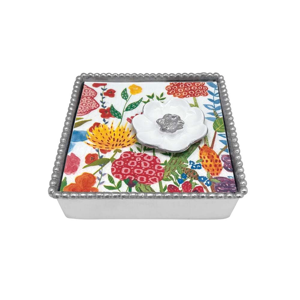 White Flower Beaded Napkin Box Set by Mariposa