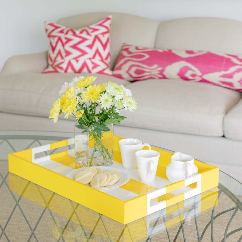 Yellow Striped Large Lacquered Ottoman Tray 22"x16" by Addison Ross Additional Image-2