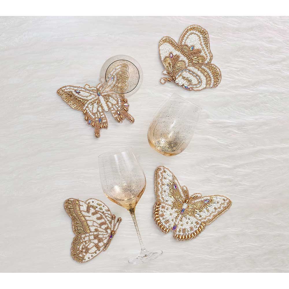 Papillon Coasters in Ivory & Gold, Set of 4 in Gift Bag by Kim Seybert Additional Image - 1