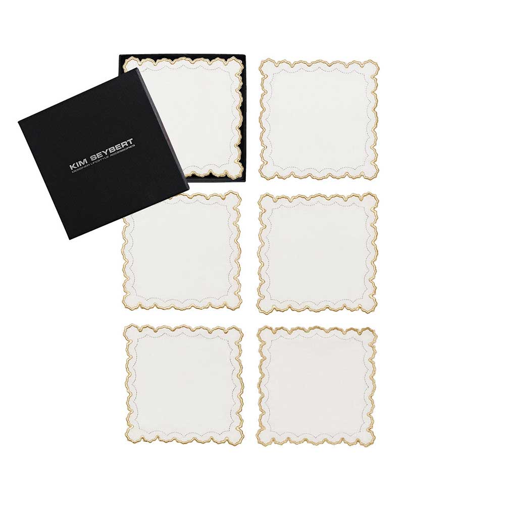 Arches Cocktail Napkins in White, Gold & Silver, Set of 6 in Gift Box by Kim Seybert