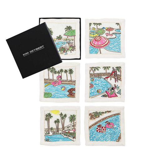 Pool Day Cocktail Napkins in White & Multi, Set of 6 in Gift Box by Kim Seybert