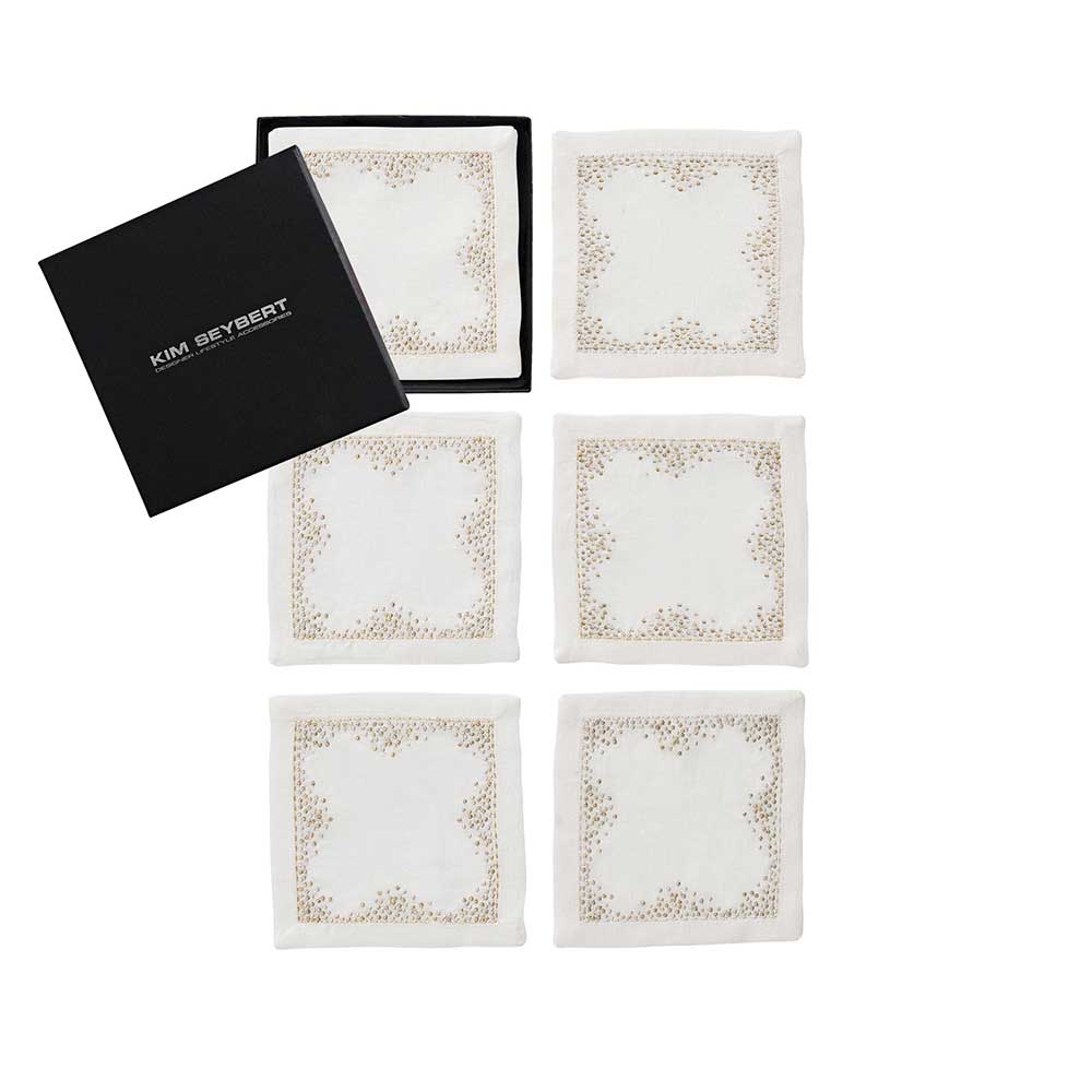Pin Dot Cocktail Napkins in White, Gold & Silver, Set of 6 in a Gift Box by Kim Seybert