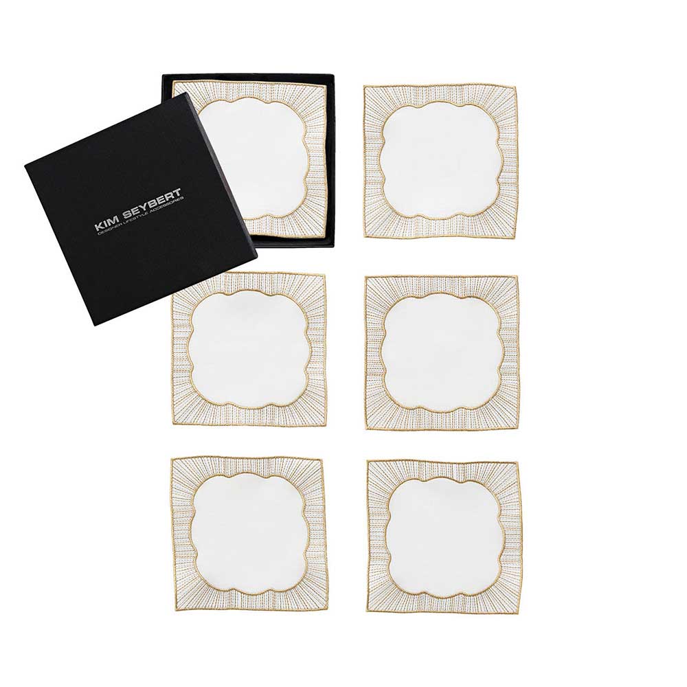 Frame Cocktail Napkins in White, Gold & Silver, Set of 6 in a Gift Box by Kim Seybert