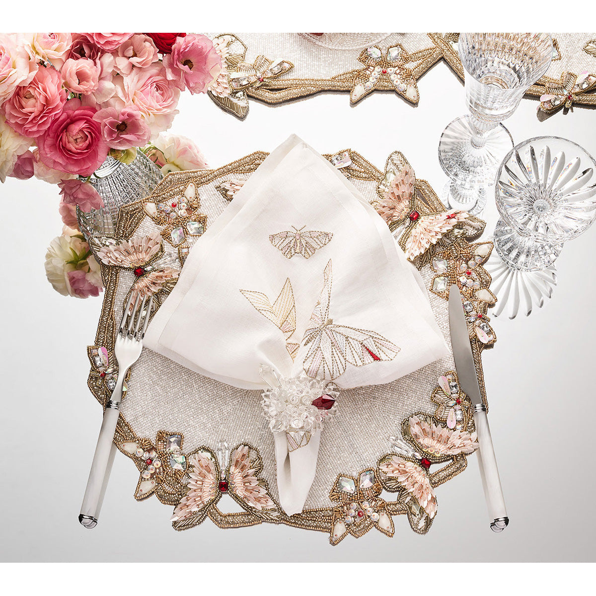 Diamant Butterflies Placemat in White & Blush - Set of 2 in a Gift Box by Kim Seybert Additional Image-1