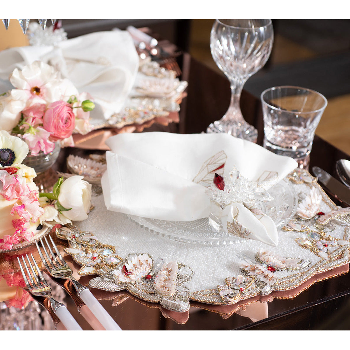 Diamant Butterflies Placemat in White & Blush - Set of 2 in a Gift Box by Kim Seybert Additional Image-3