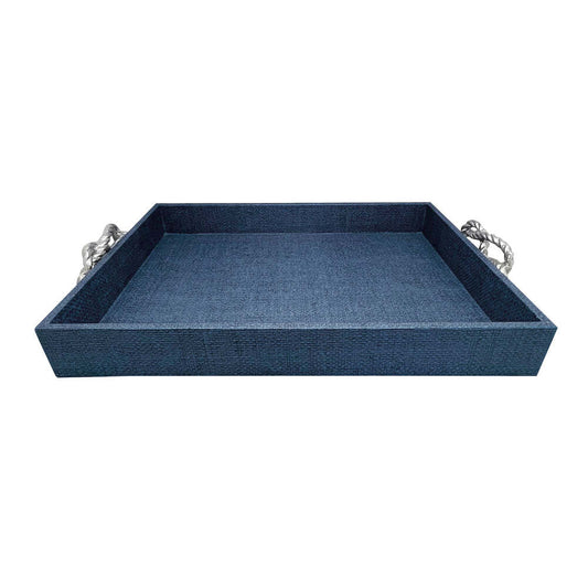 Indigo Faux Grasscloth Tray With Rope Metal Handles by Mariposa