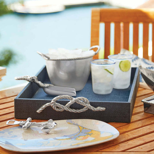 Indigo Faux Grasscloth Tray With Rope Metal Handles by Mariposa Additional Image-2